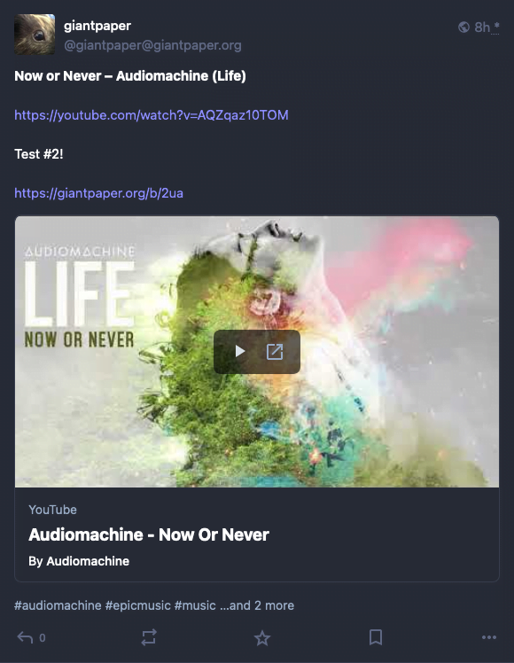 screenshot showing Now or Never by Audiomachine on Mastodon
